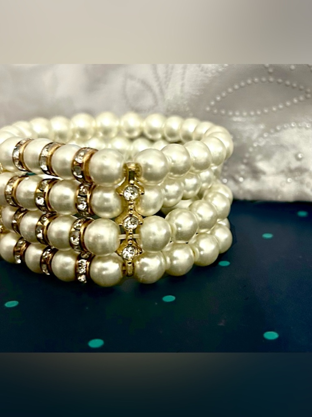 Beautiful Four-row Faux Pearl Stretch Bracelet with Gold & Crystal Accents - Picture 3 of 11